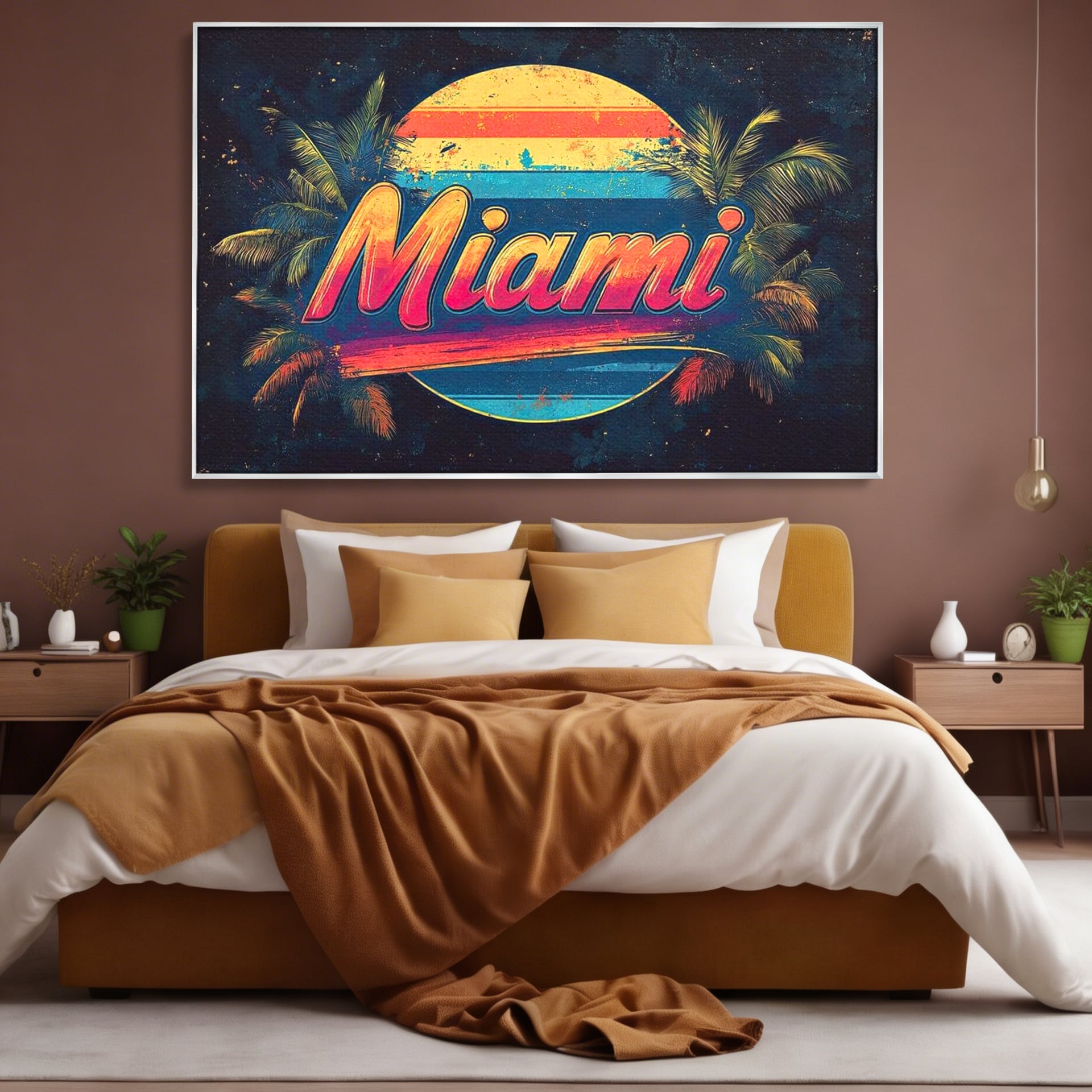 Tablou canvas cu ilustratie retro miami cu soare si palmieri, in rama de aluminiu argintiu, pe perete intr-un dormitor